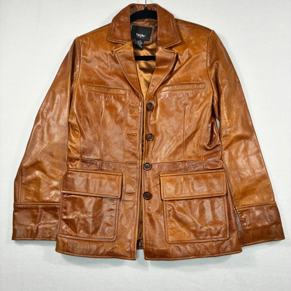 Vintage Y2K Mossimo Gen Leather Jacket Woman XS Cognac Brown Blazer 100% Leather